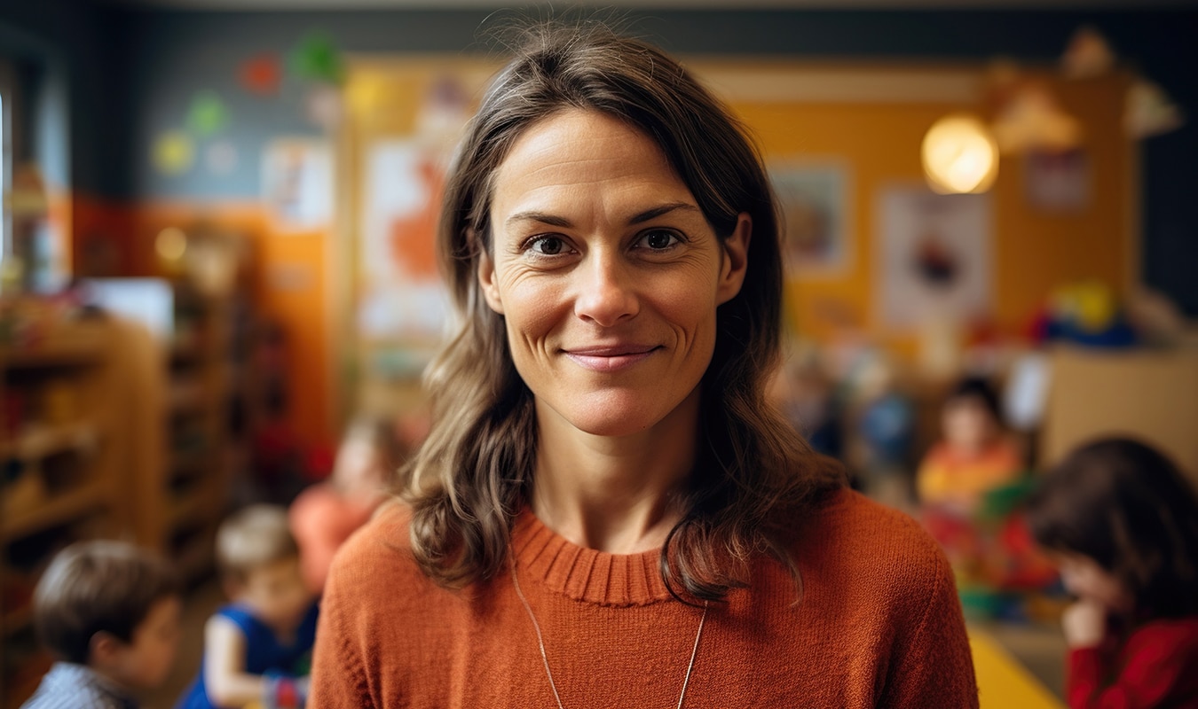 A teacher in a classroom of PreK students.