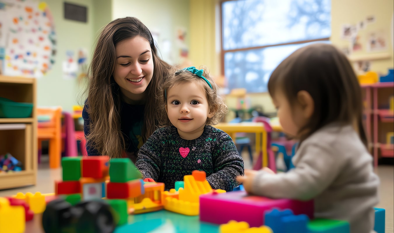 A teacher playing with blocks with two toddlers.