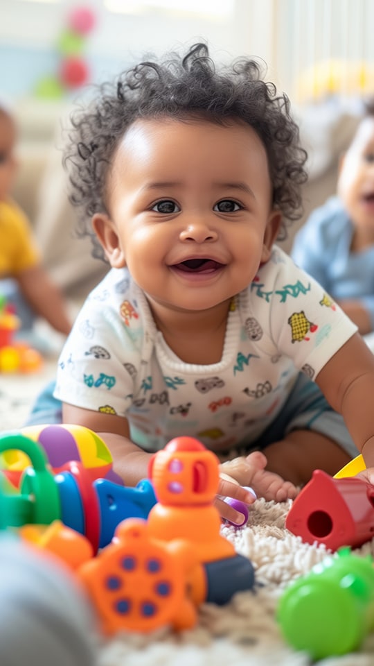 A baby boy playing with toys in a nursery.